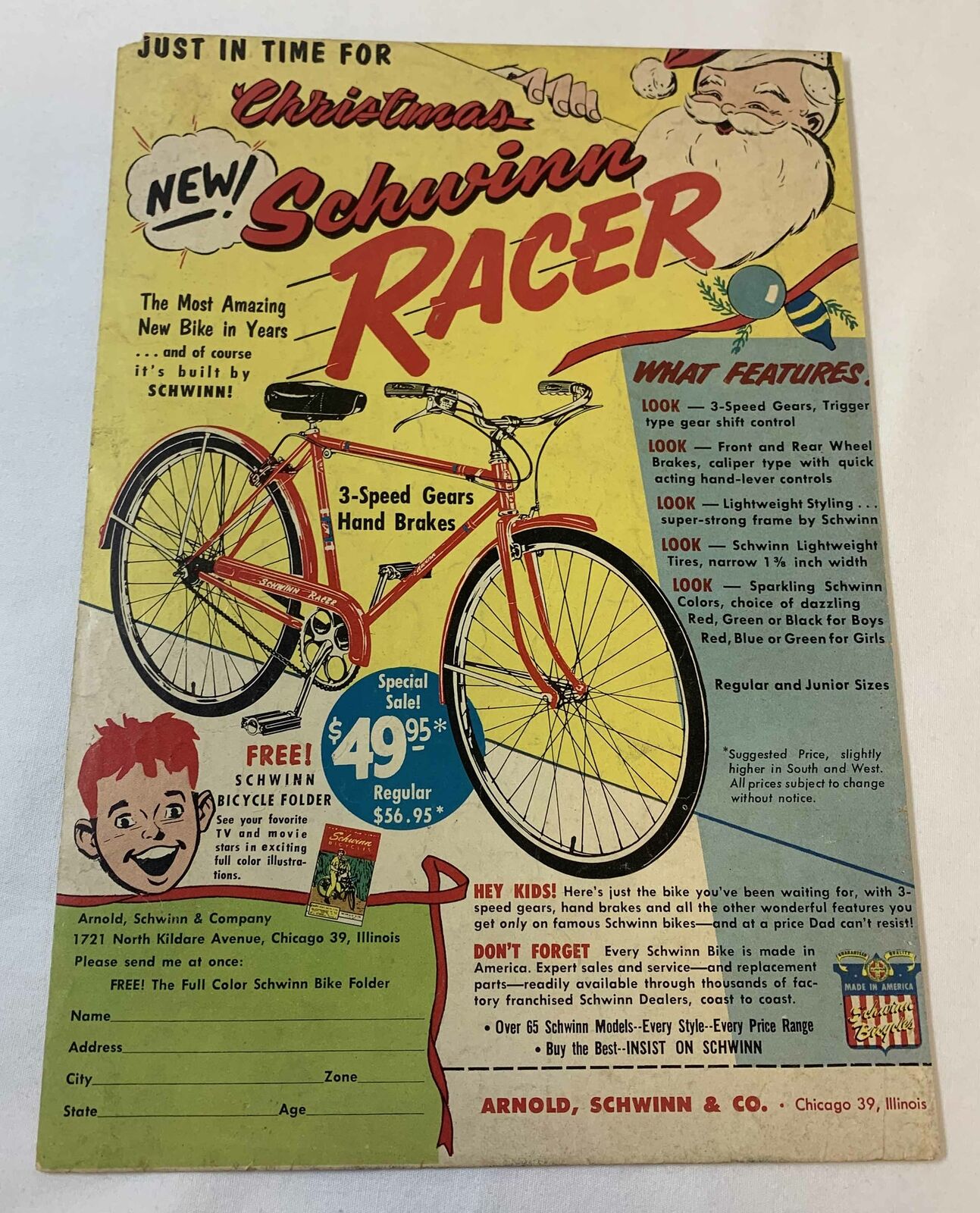 1955 SCHWINN RACER bicycle ad page ~ Just In Time For Christmas