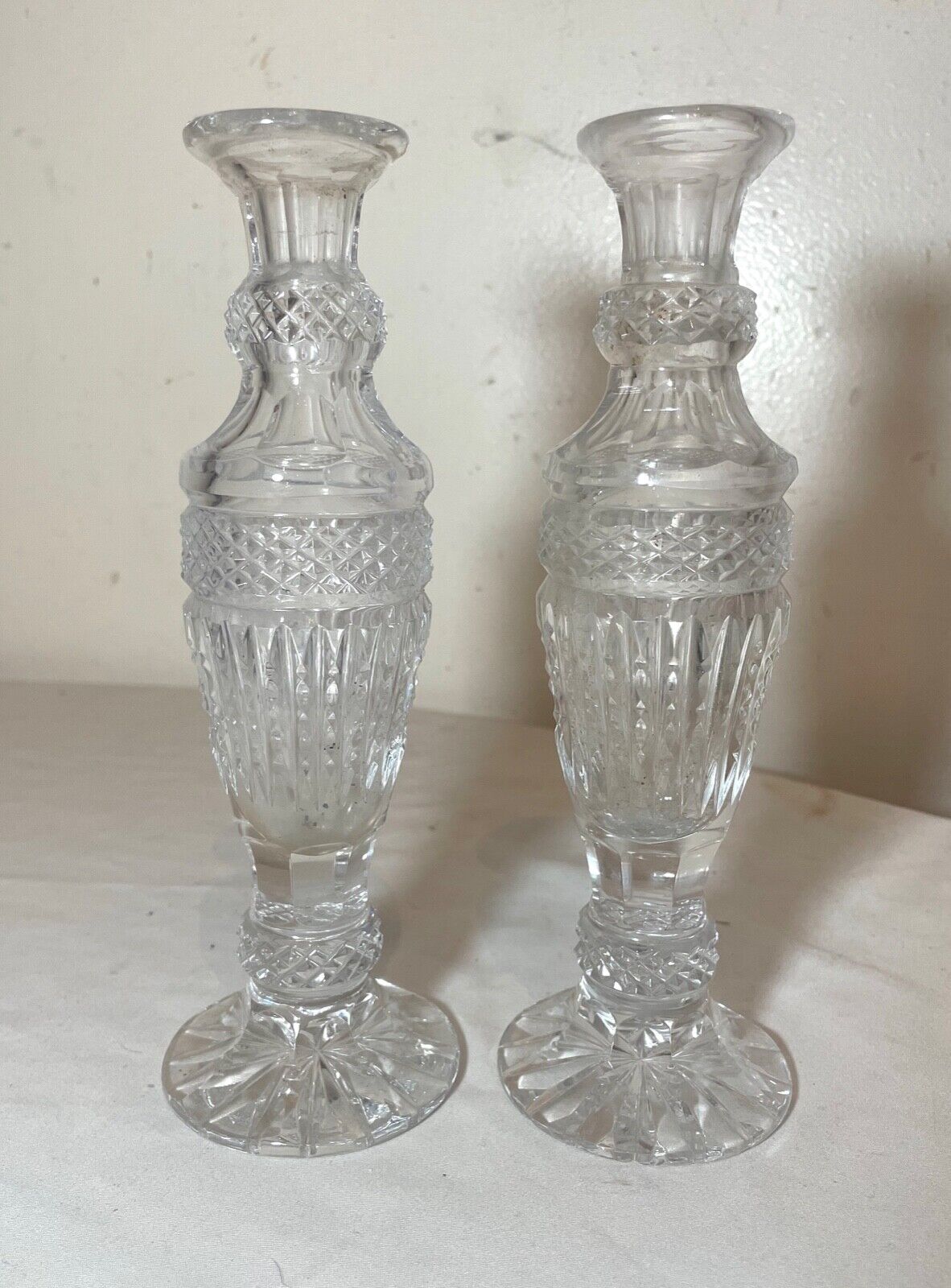 pair antique American brilliant lace cut clear crystal ornate flower vase glass 
