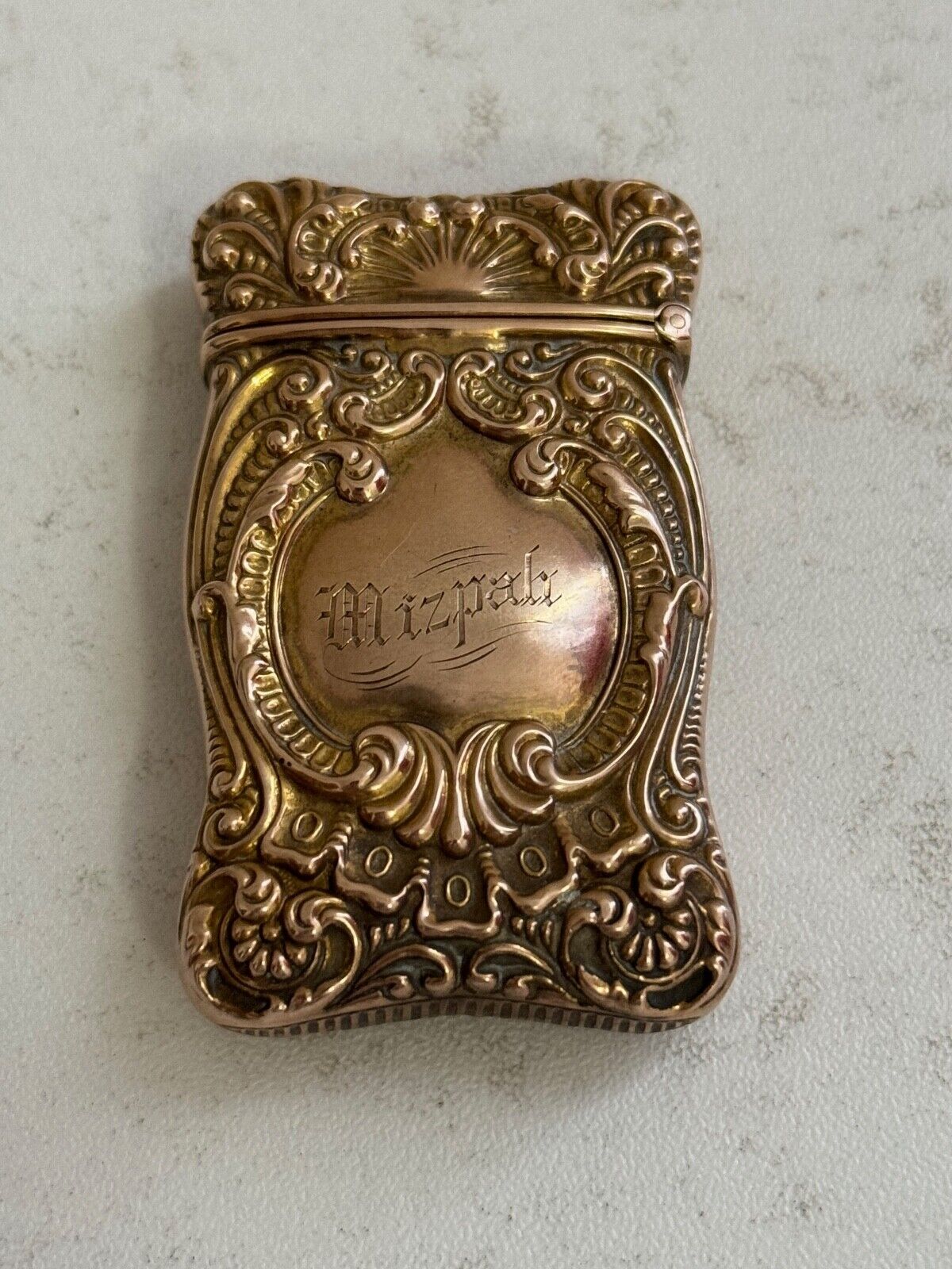 Antique 10k Gold Match Safe / Vesta Case w/ Scrolling Design & Engraved Mizpah