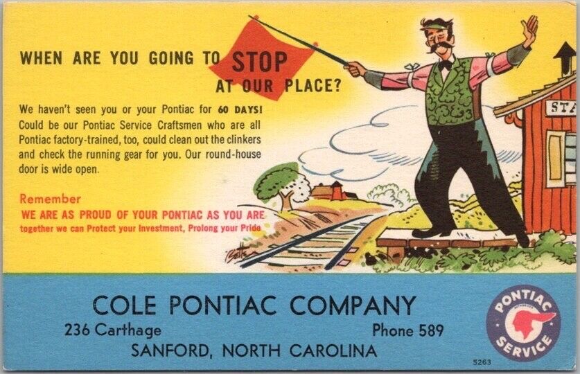 SANFORD North Carolina Car Dealer Adv. Postcard COLE PONTIAC CO Service Reminder