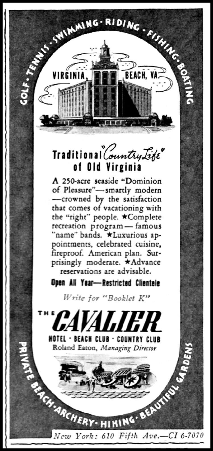 1940 The Cavalier Virginia Beach Hotel country club vintage art print ad ads71