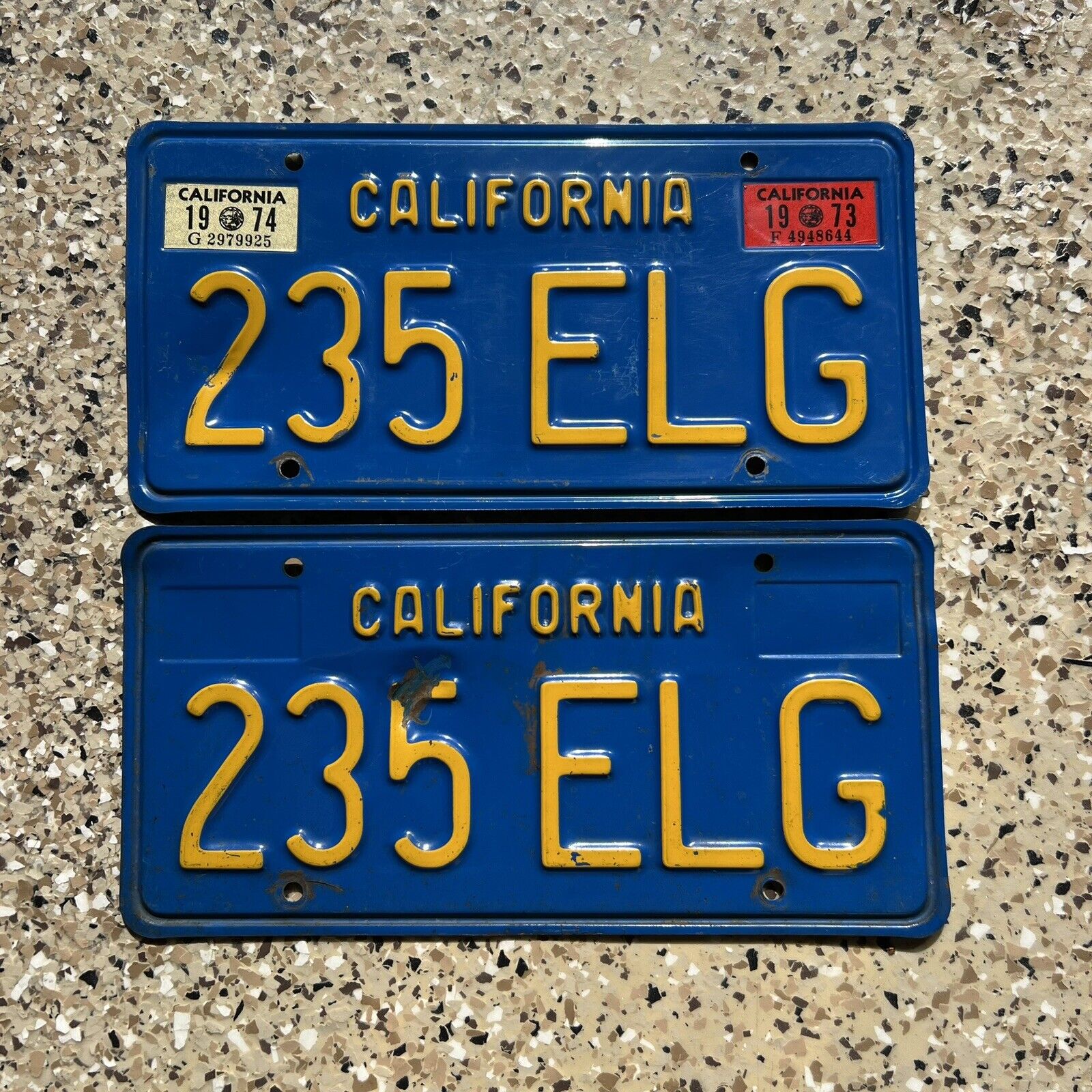 California 1970 Blue License Plate Pair DMV Clear 235 ELG 1973 1974 Sticker 70s