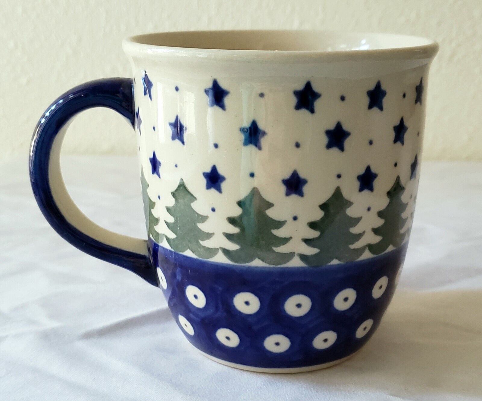 Boleslawiec Polish Pottery 12 oz Blue Green Christmas Trees & Stars Mug Poland