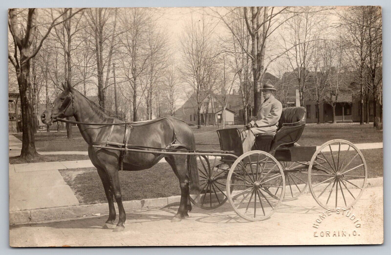Postcard c1915 RPPC Man Well Dressed w/ Cigar, Fine Horse, Fine Cart A13