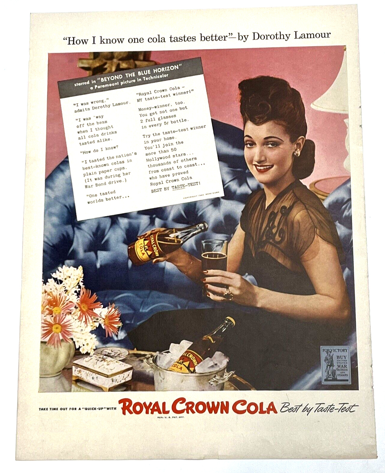 Vintage 1940\'s Royal Crown RC Cola Soda Print Ad Dorothy Lamour Movie Star