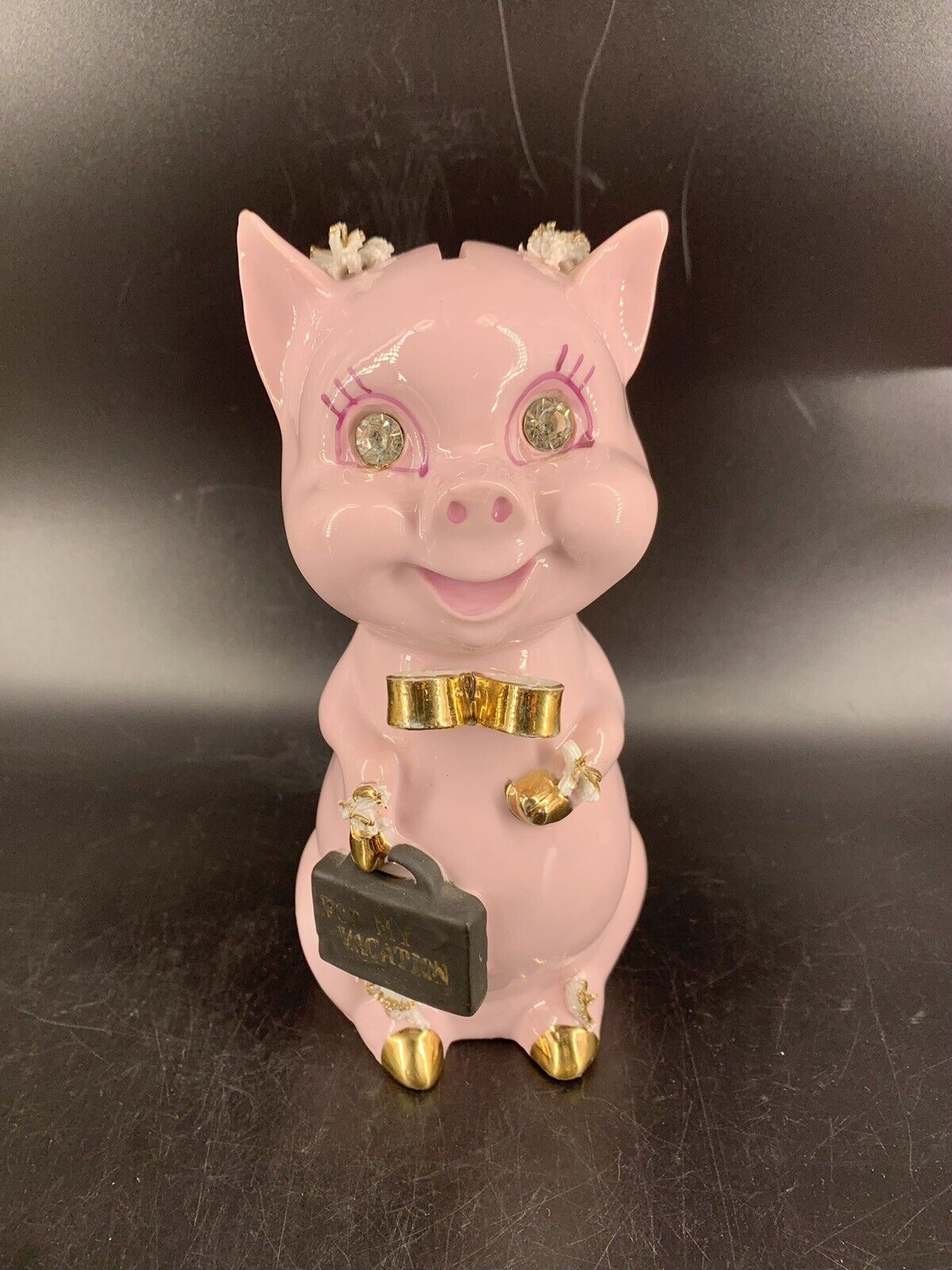 Vintage Geo Z Lefton Pig Piggy Bank “For My Vacation Fund” Rhinestones Eyes ￼￼￼