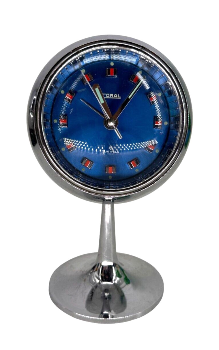 BLUE SPACE AGE PLASTIC, METAL & CHROME JAPANESE ALARM CLOCK BY CORAL, 1970S