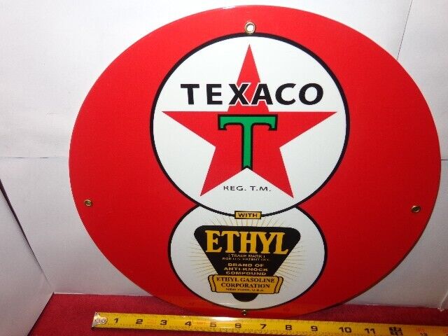11 in TEXACO GASOLINE WITH ETHYL NEW YORK USA ADV SIGN HEAVY DIE CUT METAL #S139