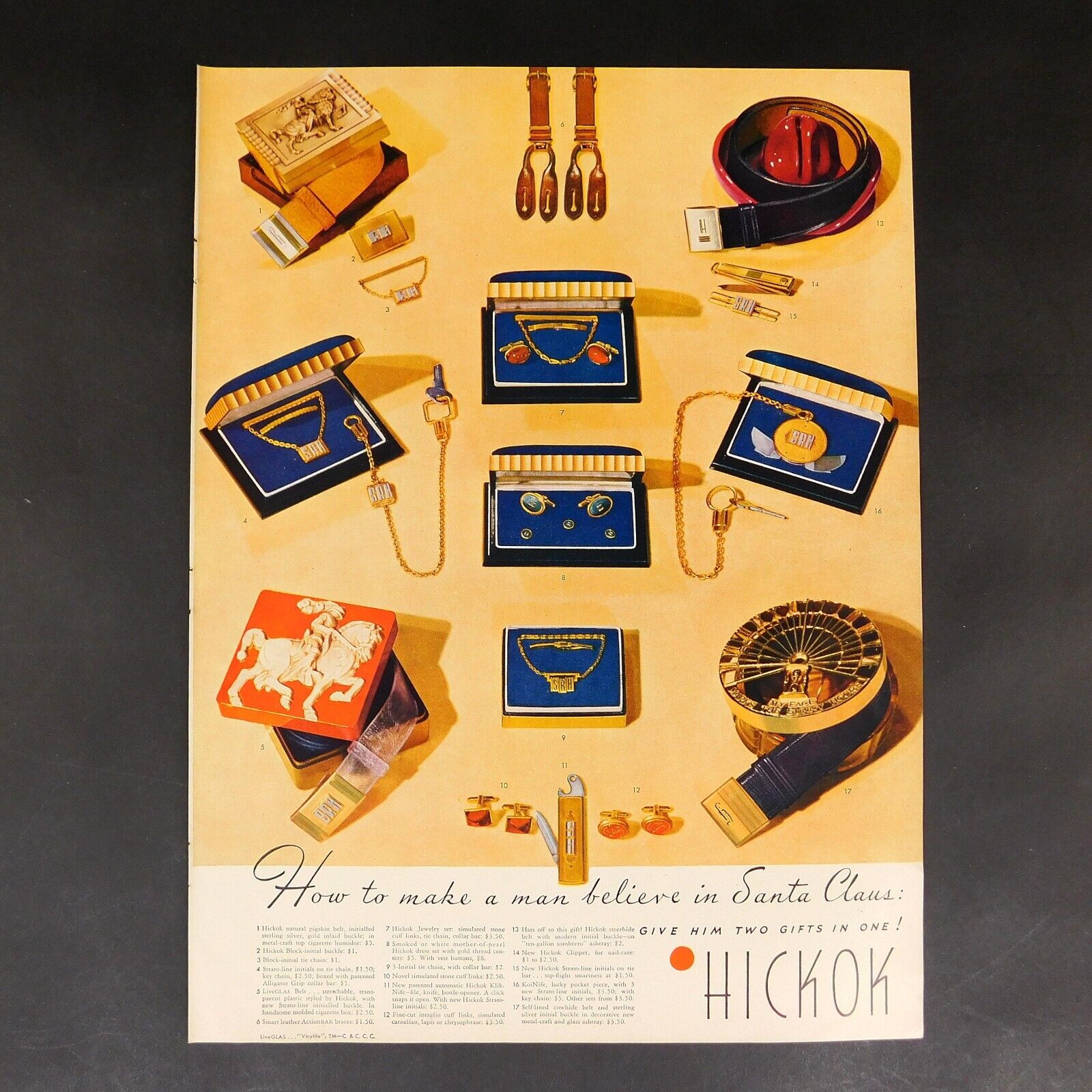 1940 Hickok Men\'s Jewelry Christmas Vintage Print Ad, Belt, Cufflinks, Tie Chain