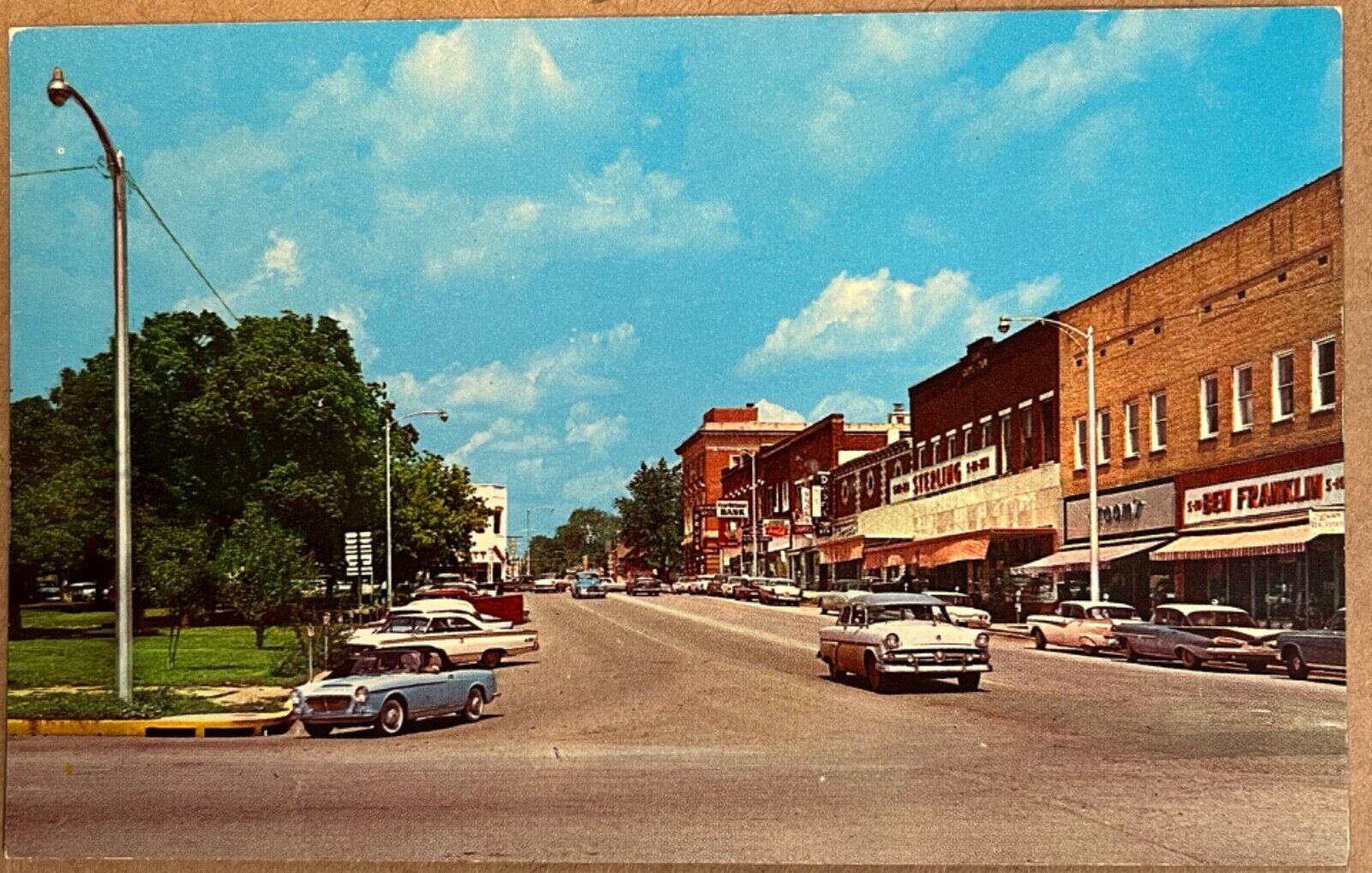 Harrison Arkansas Main Street Scene Old Cars Coca Cola Ozarks Postcard c1960