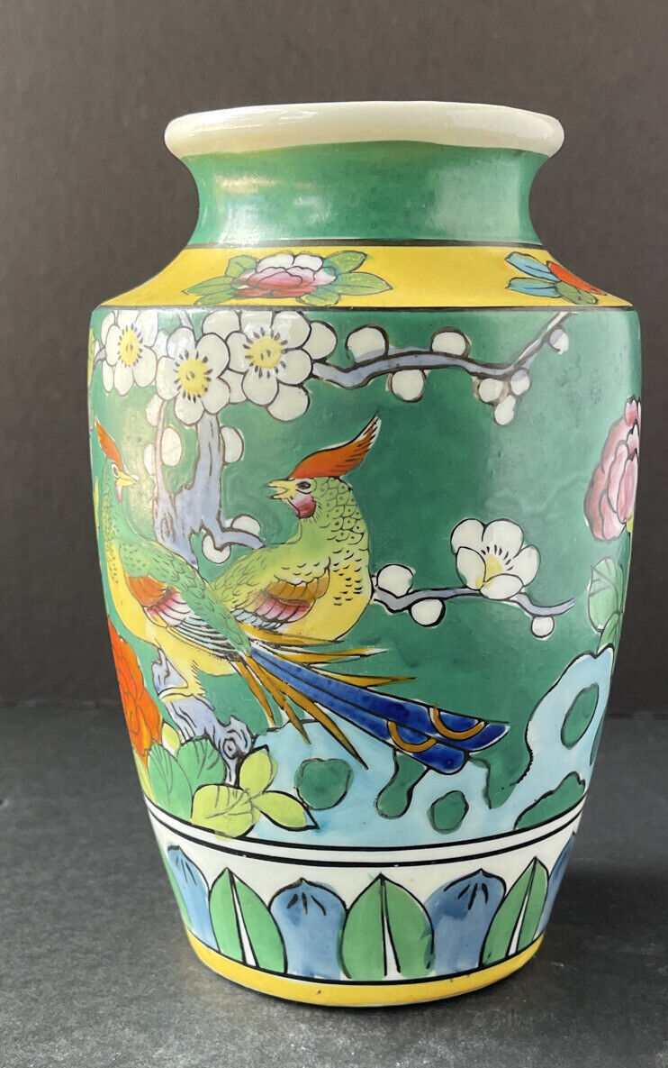 Rare Vintage Goldcastle Vase Flowers Birds Art Decor Hand Painted Made In Japan