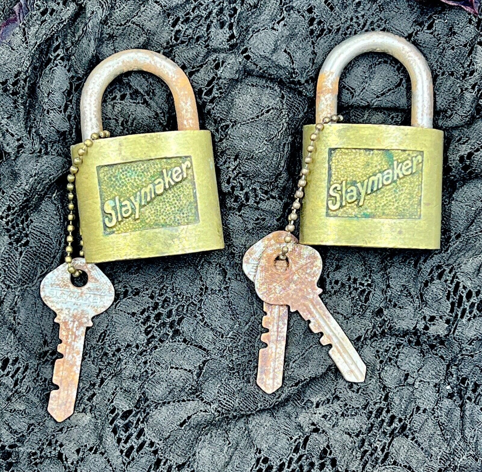 2 Vintage SLAYMAKER Padlocks #5 and #8, with Working Keys Brass Made in USA