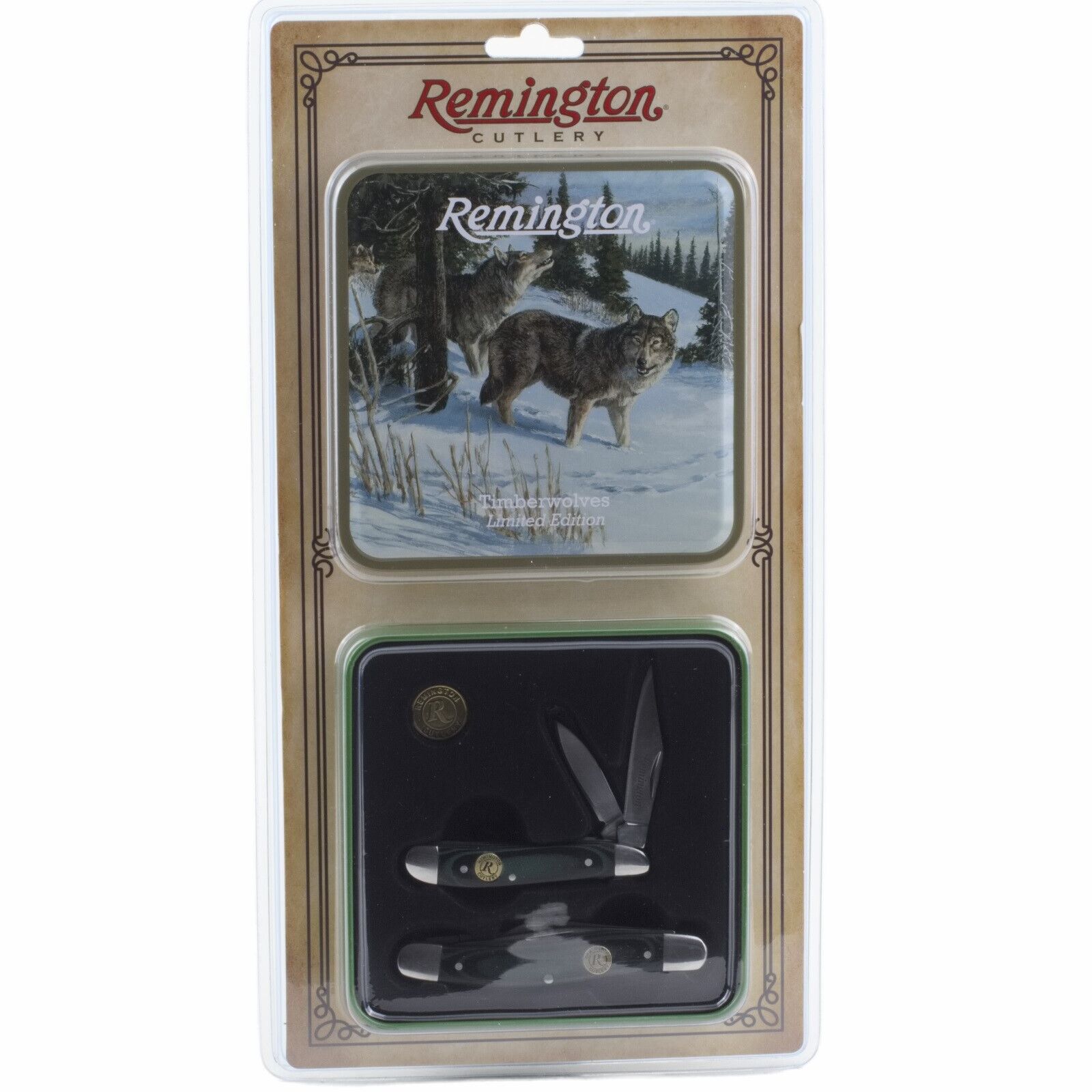 Remington Timber Wolves Peanut Stockman Knife Gift Set Tin Black Green Micarta