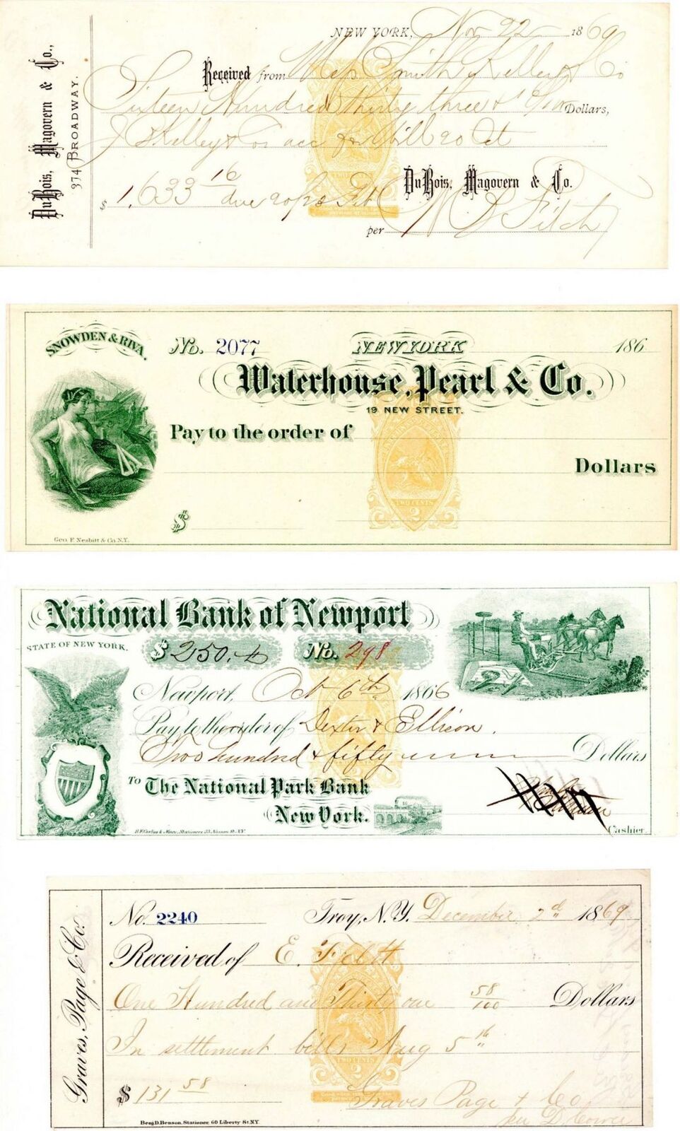 Group of 6 Different Checks with Revenues - Check - Checks with Revenue Stamps