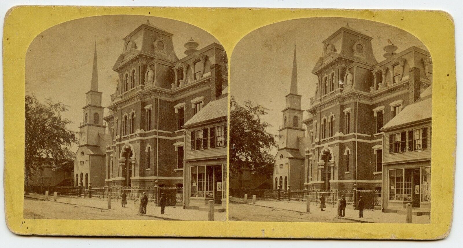 Green School House & Church , Lowell MA Vintage Stereoview Photo by J. Moulton