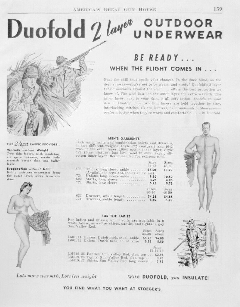 Vintage 1949 DUOFOLD Hunting Underwear Long Johns Print Ad