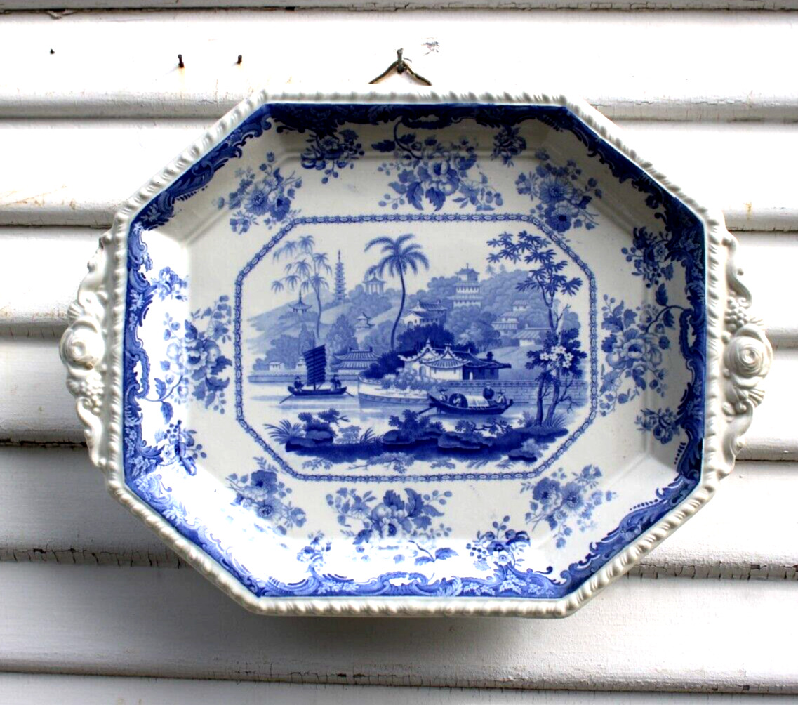 Minton Chinese Marine Opaque China Footed Tray Handles Blue White Antique 1830s