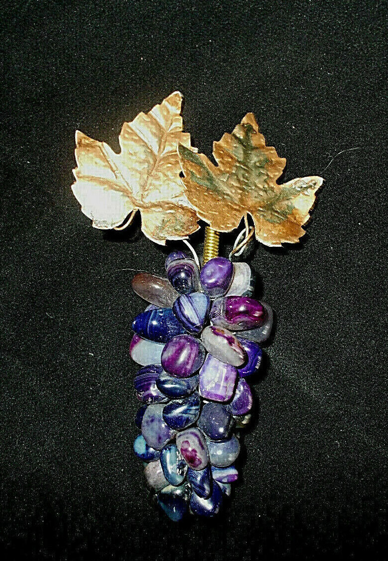 RARE ANT/VTG AMETHYST STONE GRAPE CLUSTER WIRED METAL LEAVES~3 1/2 \