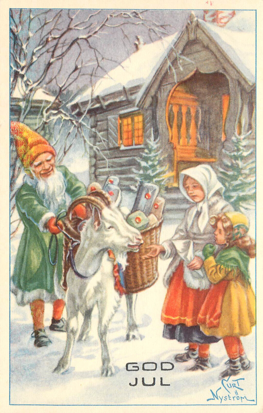 God Yul Swedish Christmas Postcard Curt Nystrom Gnome Santa Brings Gifts by Goat