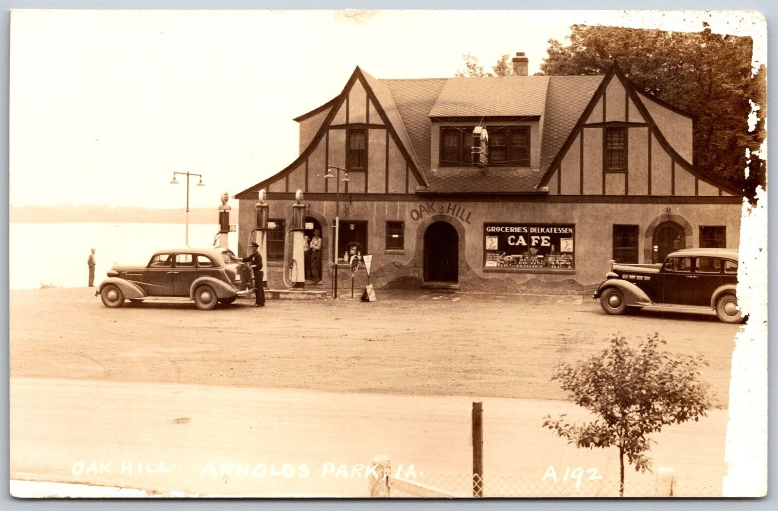 Vtg Arnolds Park Iowa IA Oak Hill Gas Station Cafe Old Cars 1930s RPPC Postcard