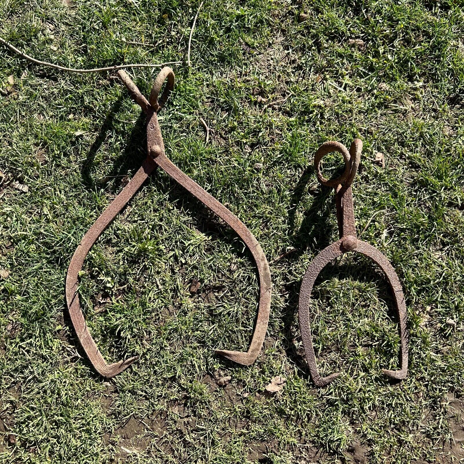 Antique Cast Iron Ice Tongs Tool Set Of 2 Brown Small Large Turn Of The Century