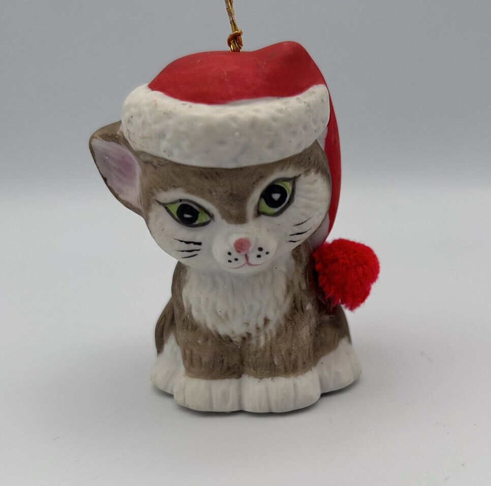 Christmas Cat Bell “Critter Bell” Santa Hat Porcelain 2. 5in Jasco Vintage 70’s
