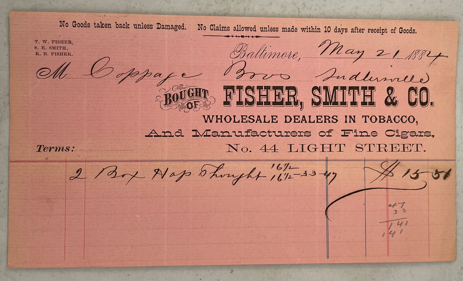 Original Antique 1884 Tobacco Cigar Billhead Baltimore Fisher Smith & Co