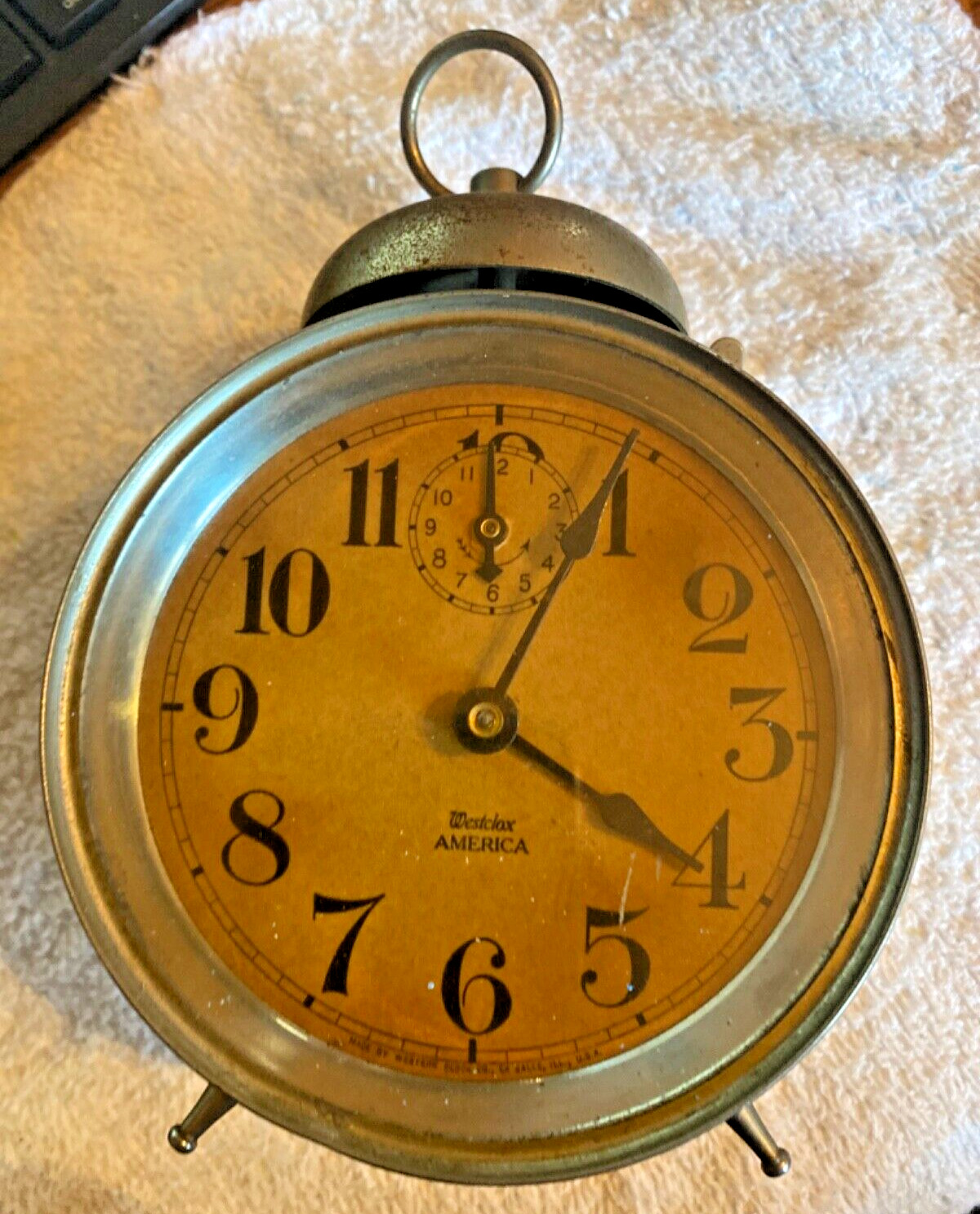 WESTCLOX AMERICA PEG LEG Alarm clock doesn\'t run, NEEDS CLEANING. PAT. 1908
