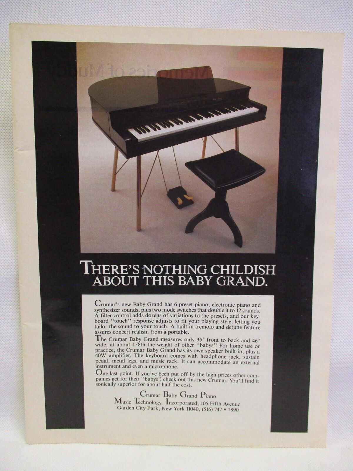 Crumar Baby Grand Piano 1983 Vintage Print Ad Music Room Man Cave Studio Poster