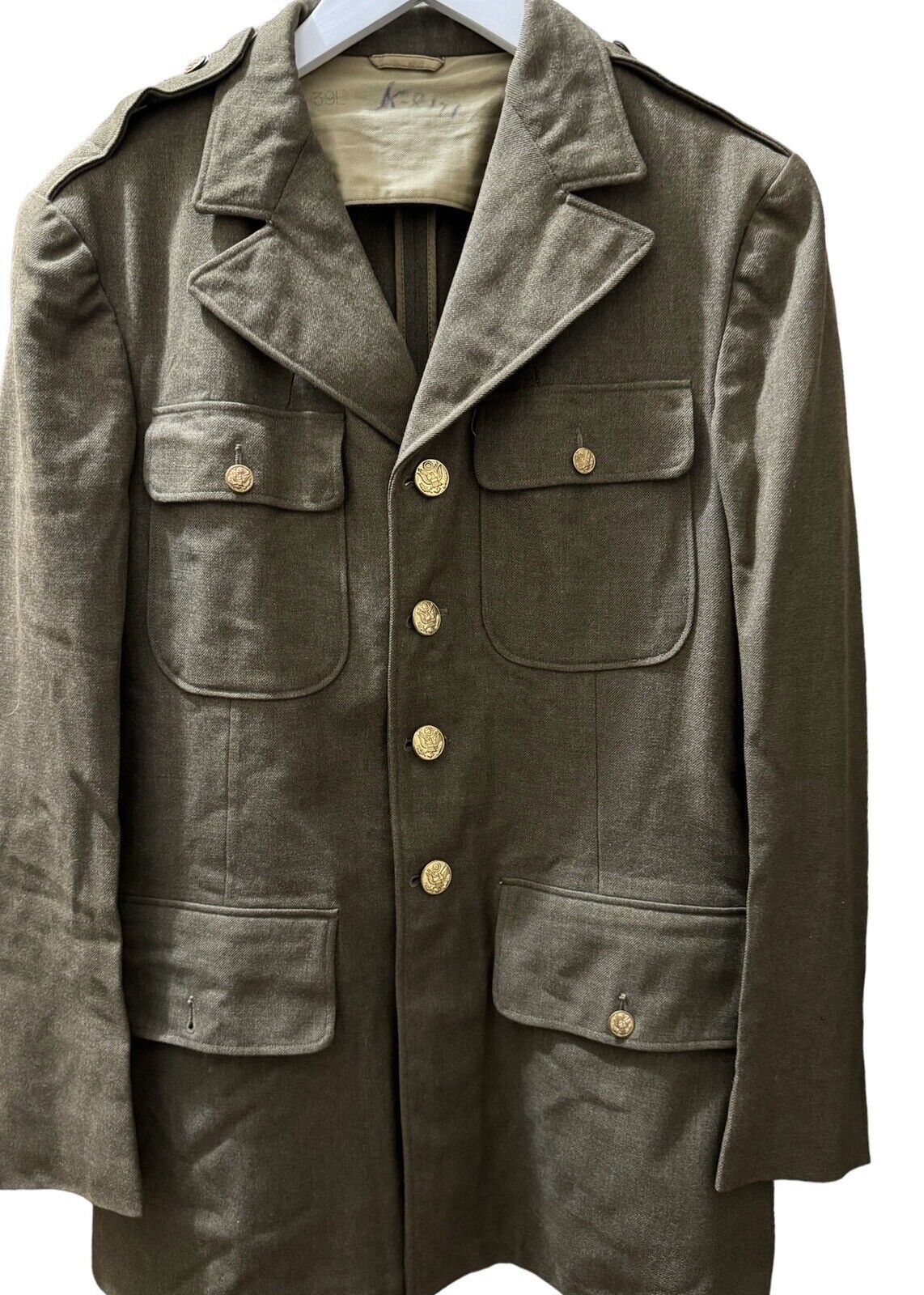 U.S. Military WWII Army Men's 39L  Olive Green Serge Wool Coat  40s Style Dress