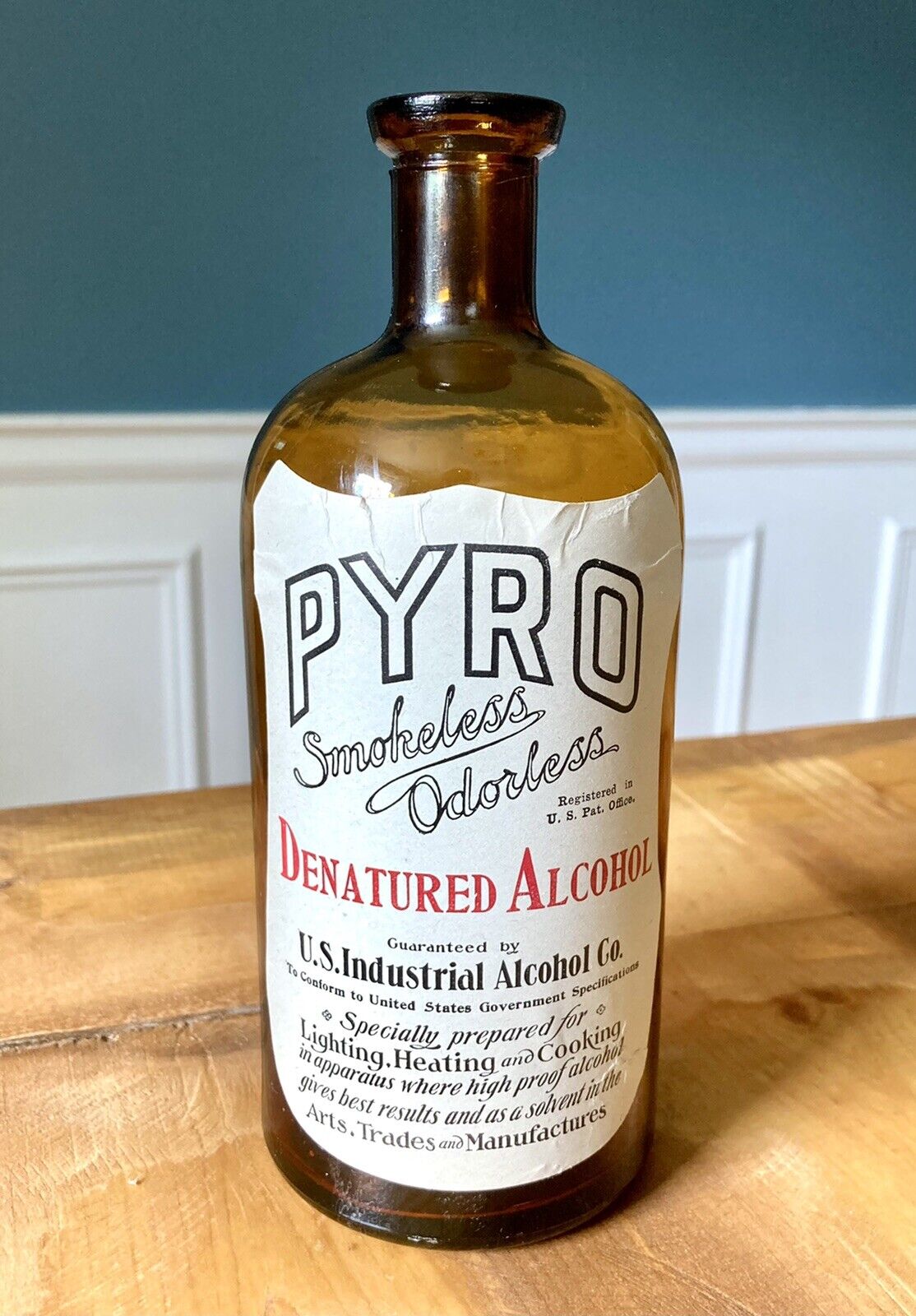 PYRO DENATURED ALCOHOL AMBER BOTTLE, US INDUSTRIAL ALCOHOL CO., RARE