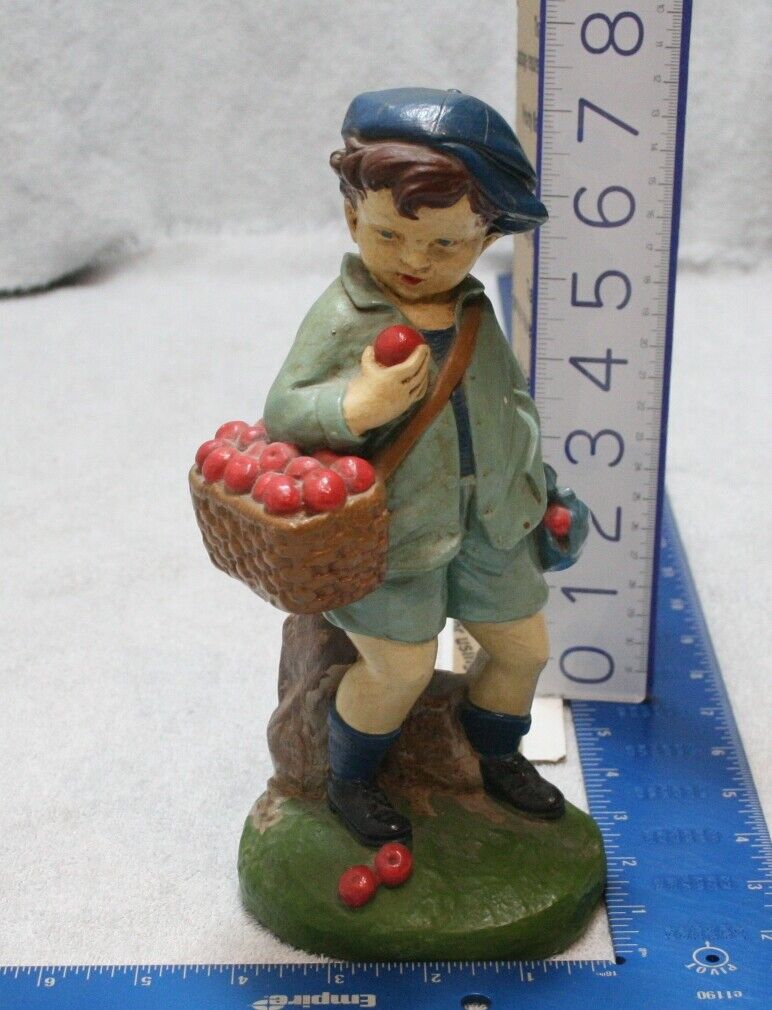 Rare Antique Hand Painted Boy Blue Hat Holding Basket of Apples on Stump Shorts