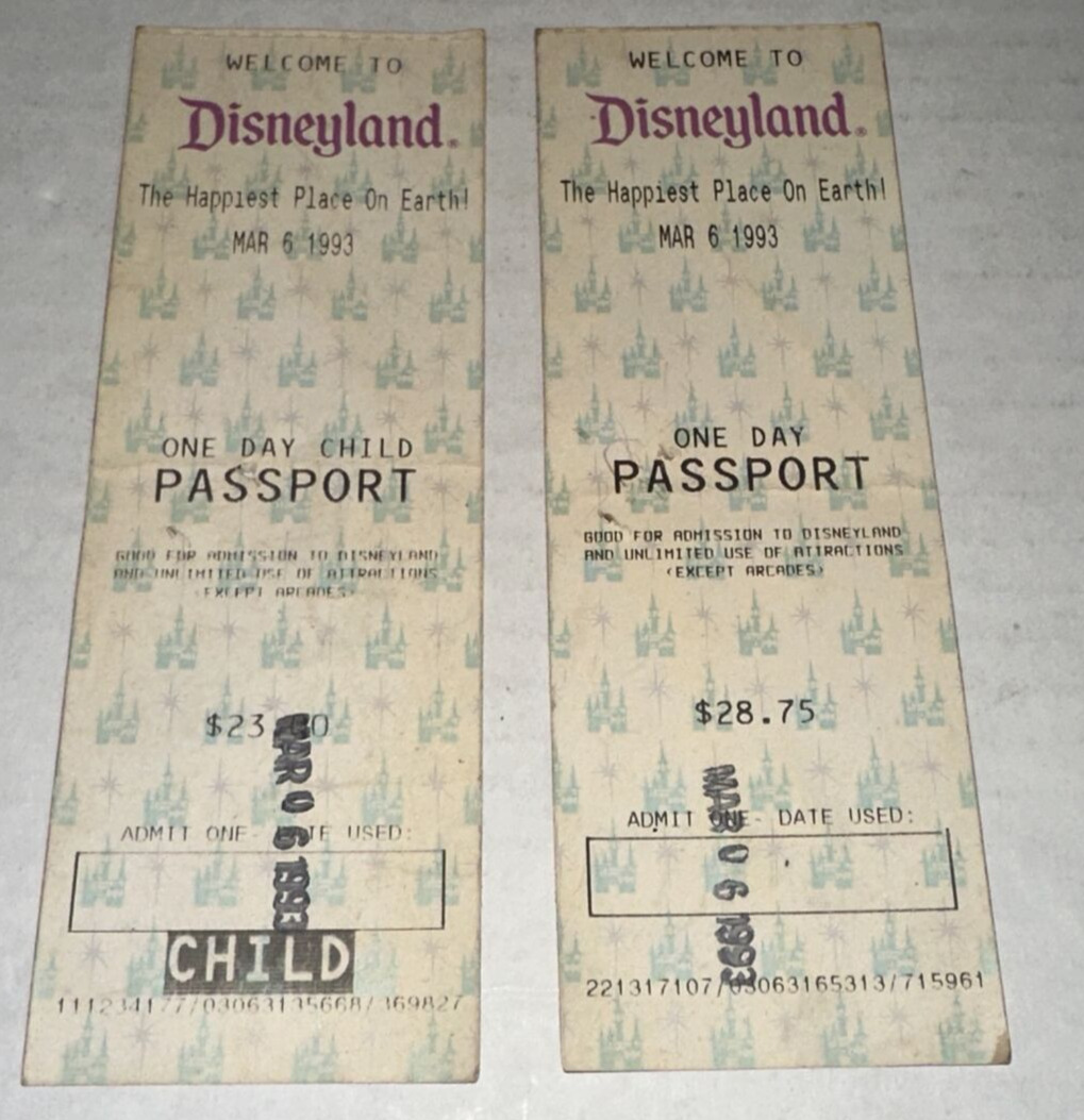 3/6/93 Walt Disney Disneyland 1-Day Passport Theme Park Pass Ticket Stub Badge $
