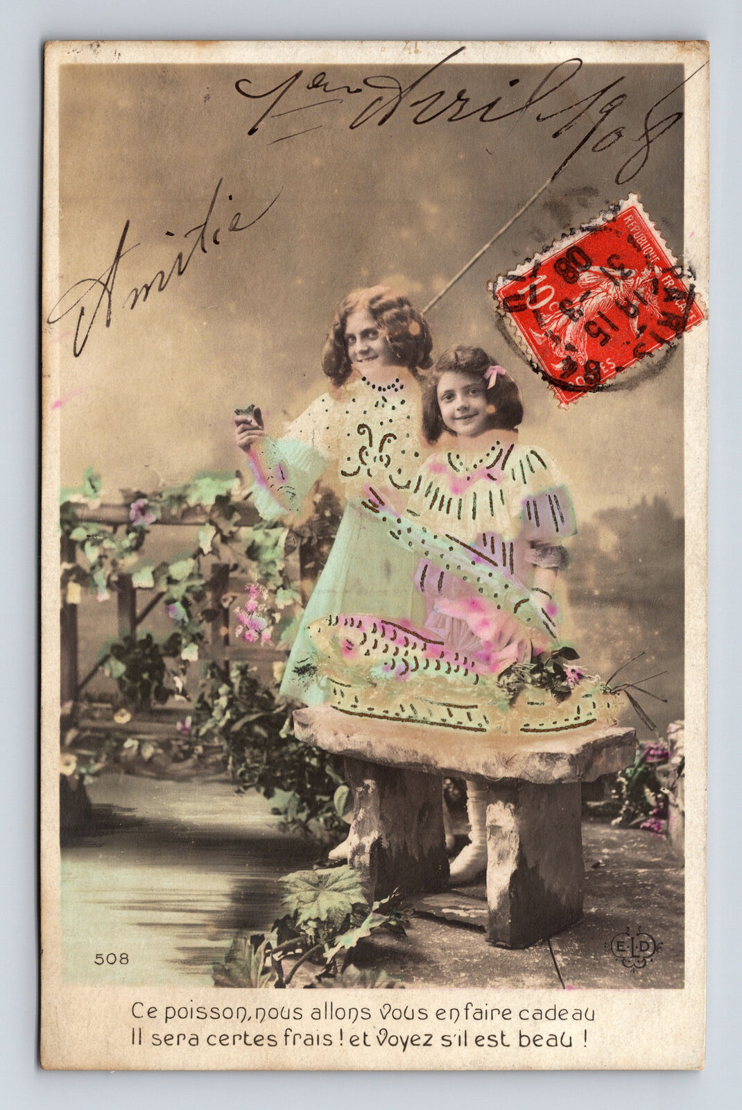 c1908 RPPC French Hand Colored Portrait Two Young Girls Wavy Hair ELD Postcard