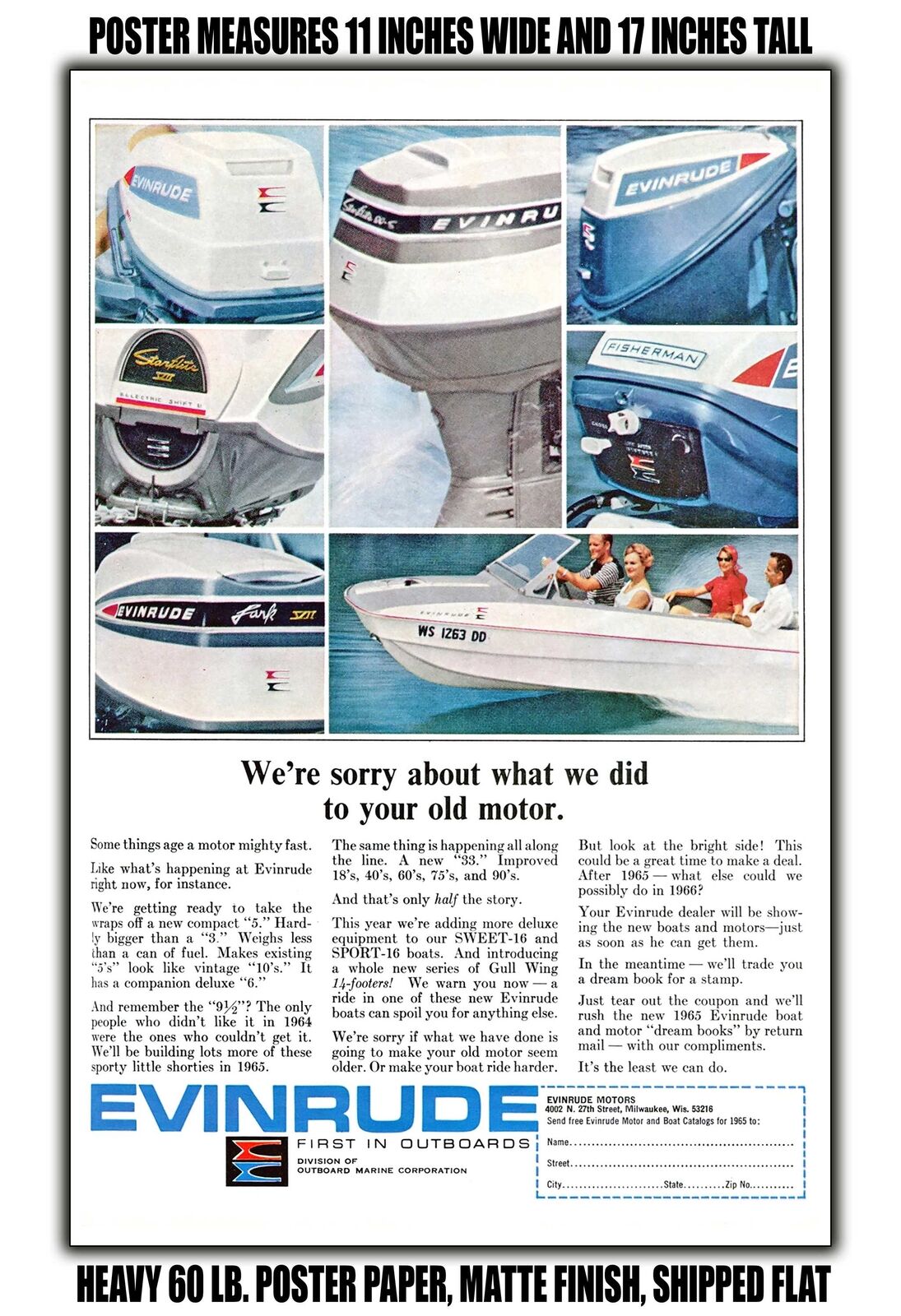 11x17 POSTER - 1964 Were Sorry About What We Did to Your Old Motor Evinrude
