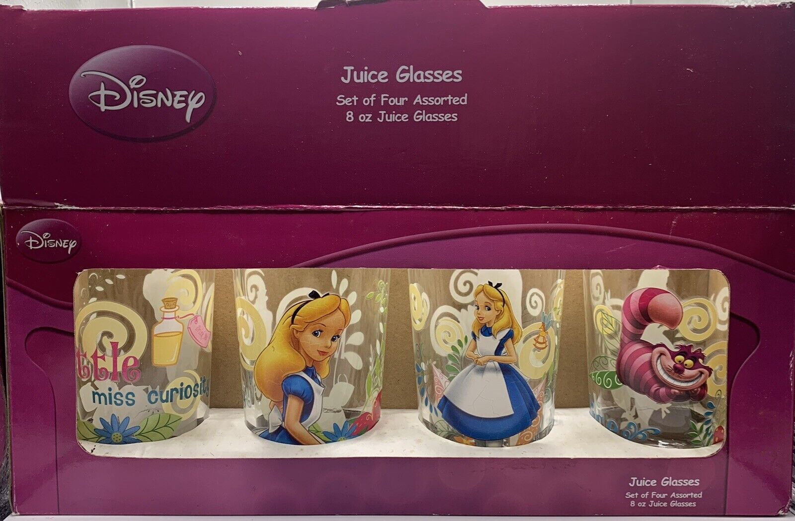 Boxed Set Of 4 Disney\'s Alice In Wonderland 6oz Juice Glasses Cheshire Cat READ