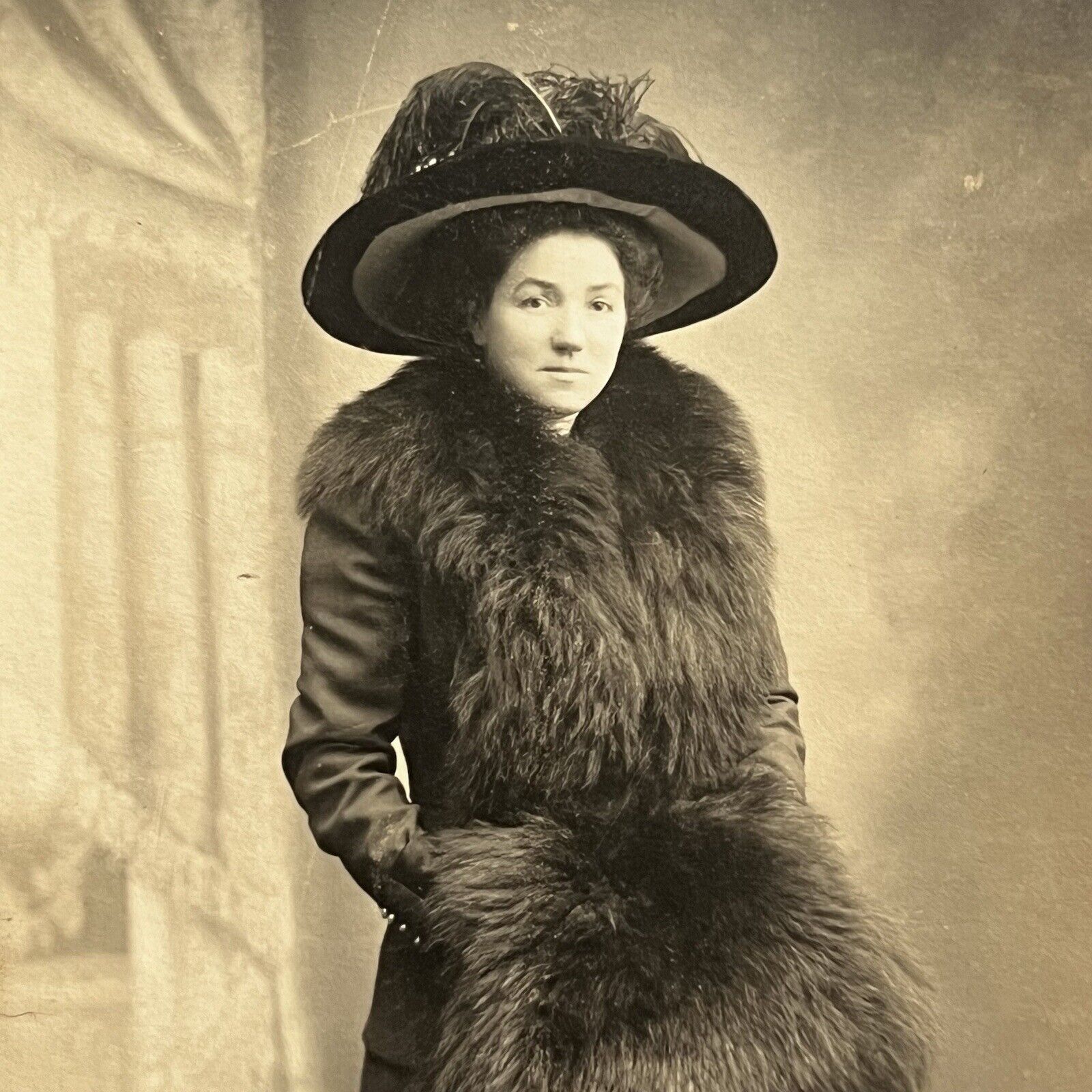 Vintage RPPC Real Photograph Postcard Beautiful Affluent Young Woman Fur Big Hat