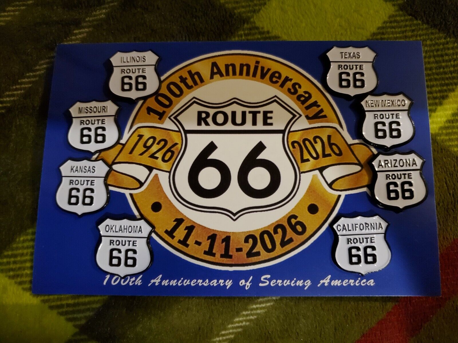 HISTORIC ROUTE 66 100th  ANNIVERSARY PIN/LAPEL SETS ON POSTCARD. VERY DESIRABLE