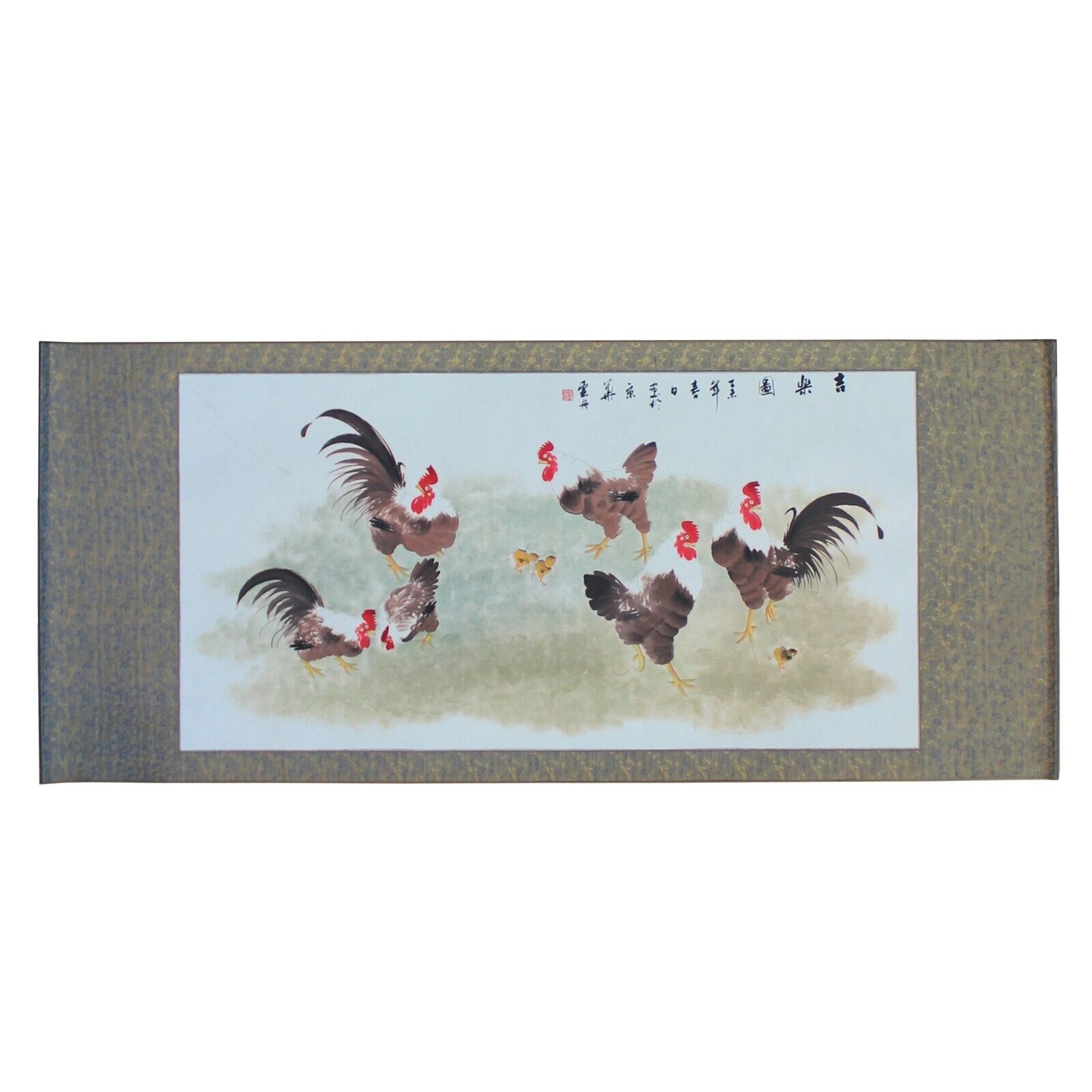 Chinese Color Ink Rooster Hen Scenery Horizontal Scroll Painting Wall Art cs5704