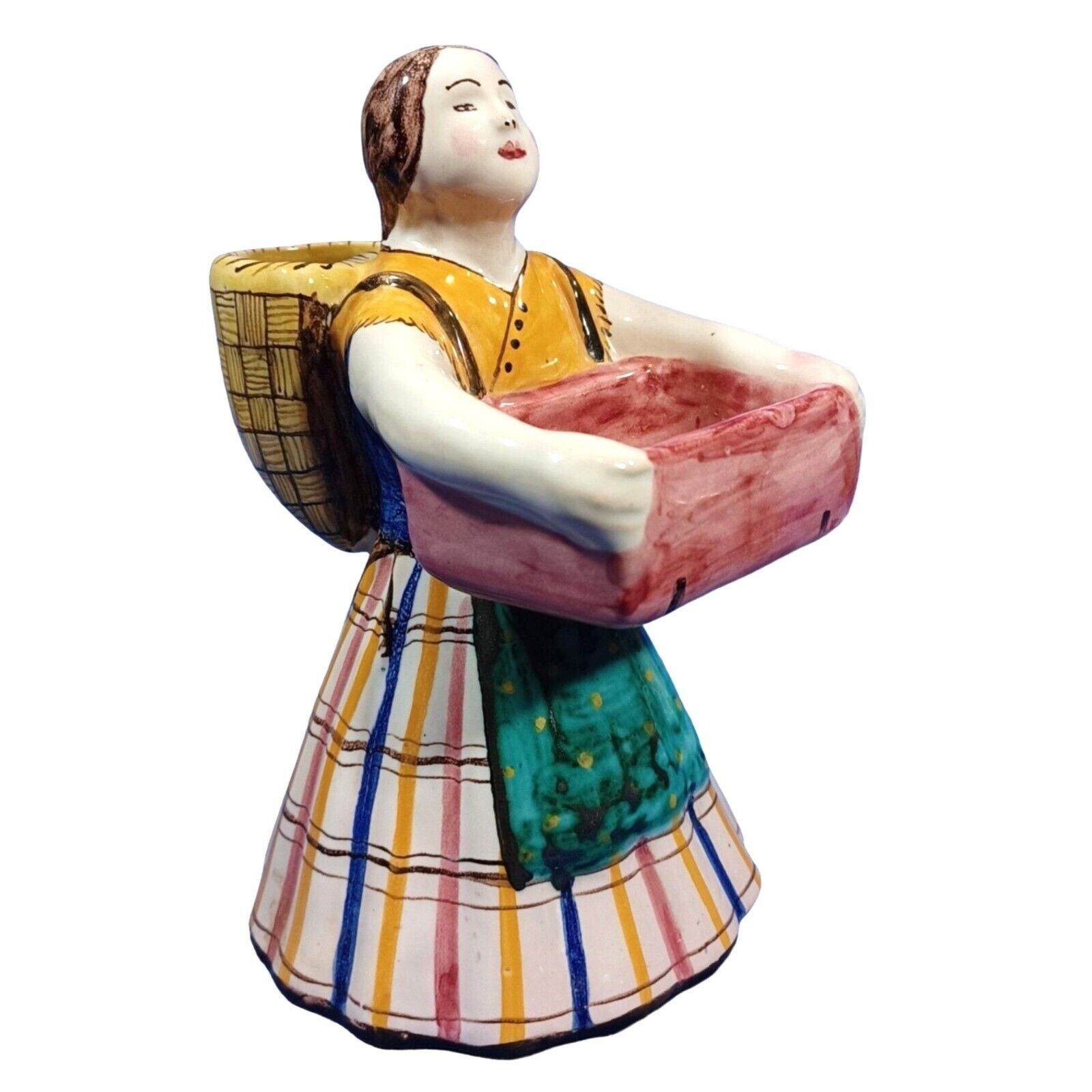 Deruta Perugia Italy Rare Majolica Woman With Baskets Matchstick Holder Figurine