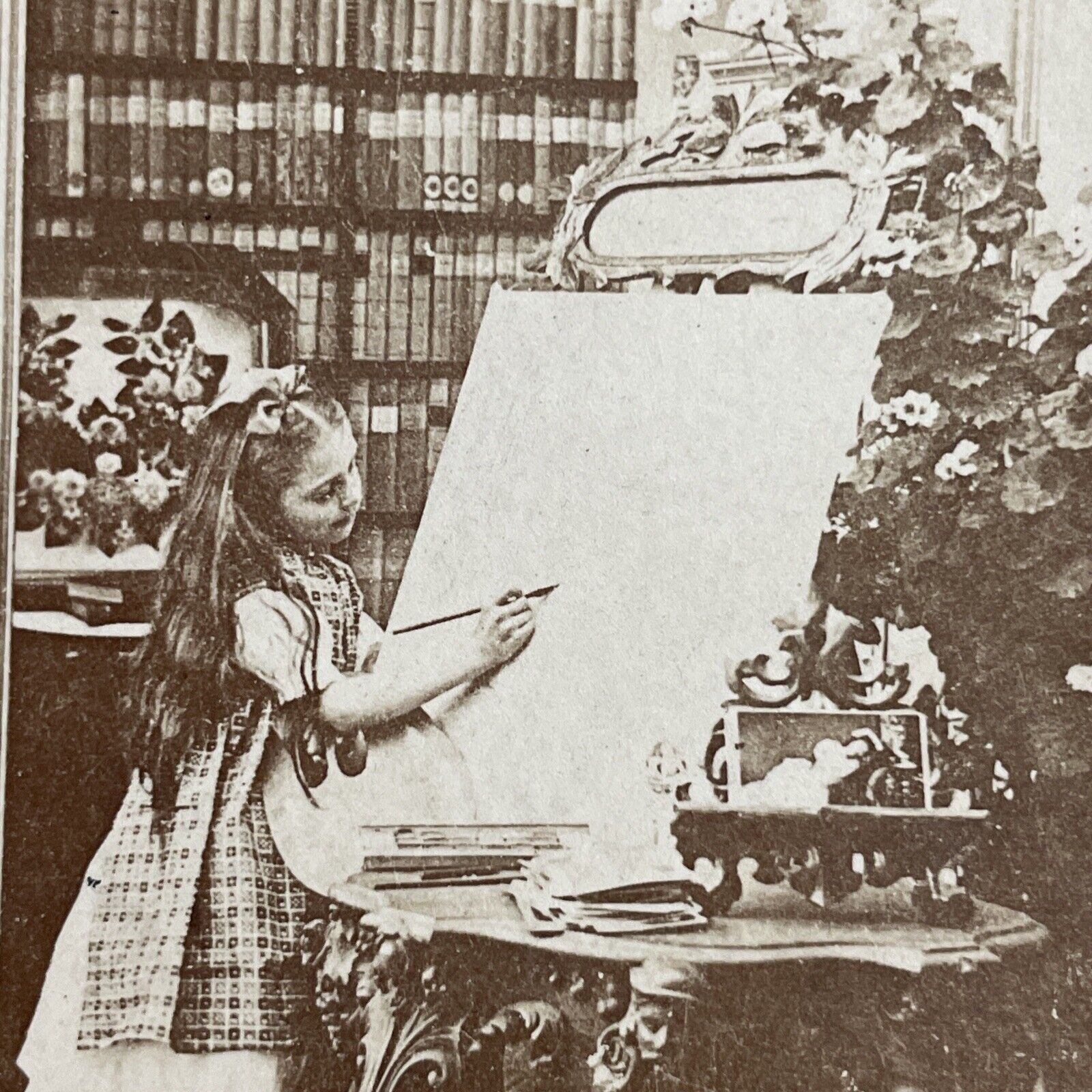 Antique 1870s Little Girl Drawing Art Artist Stereoview Photo Card P4817