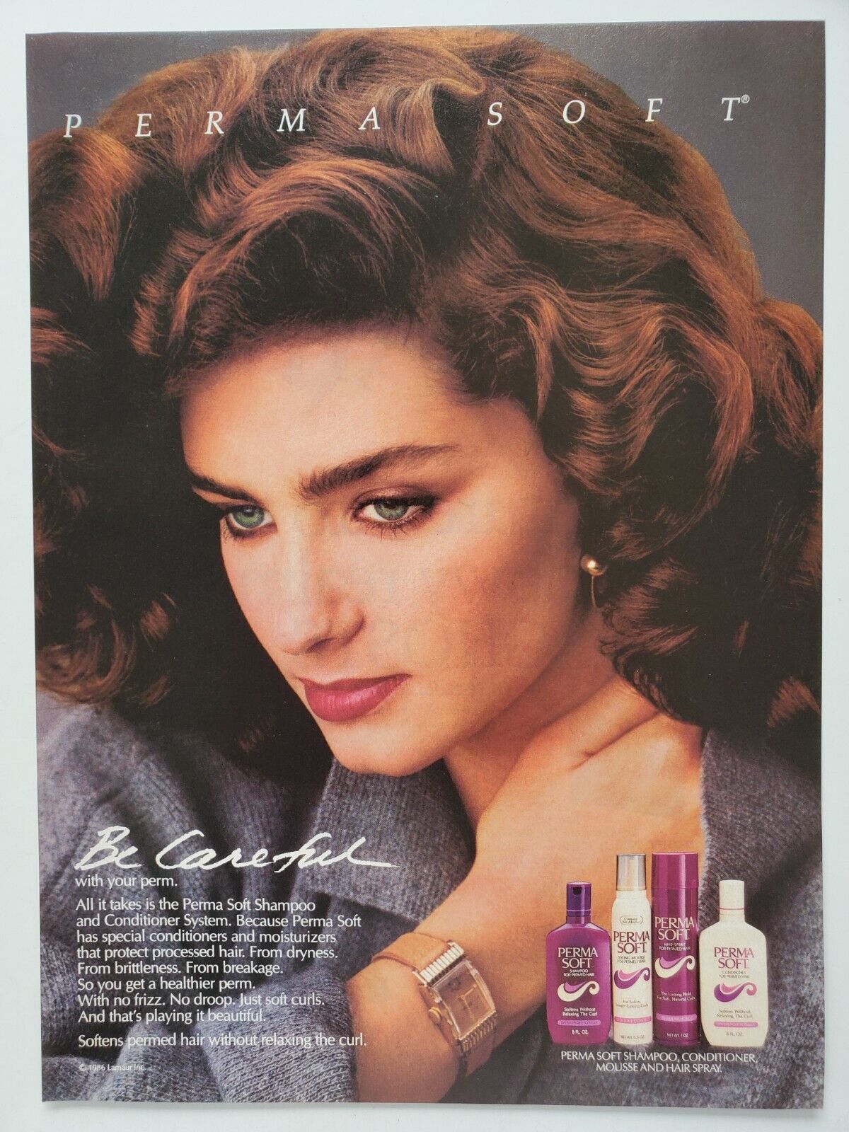 Perma Soft Womens Hair Care Products Lovely Brunette Model 1986 Vintage Print Ad