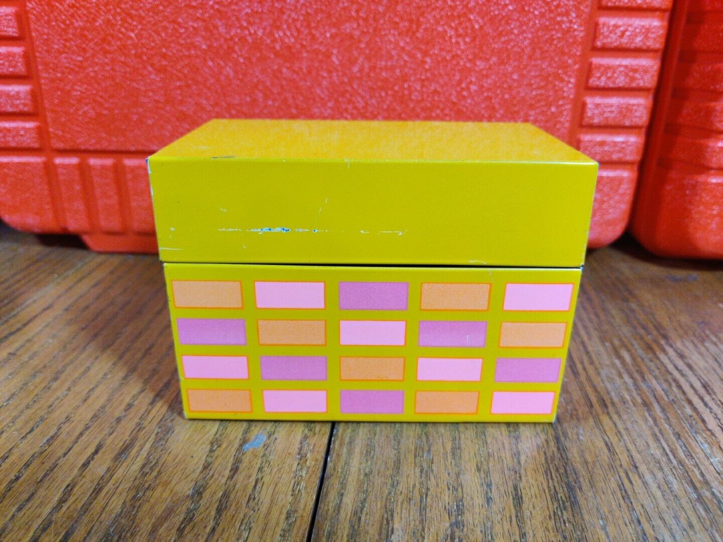 Vintage Ohio Art Tin Recipe Box Yellow With Geometric Pattern- Comes With Cards