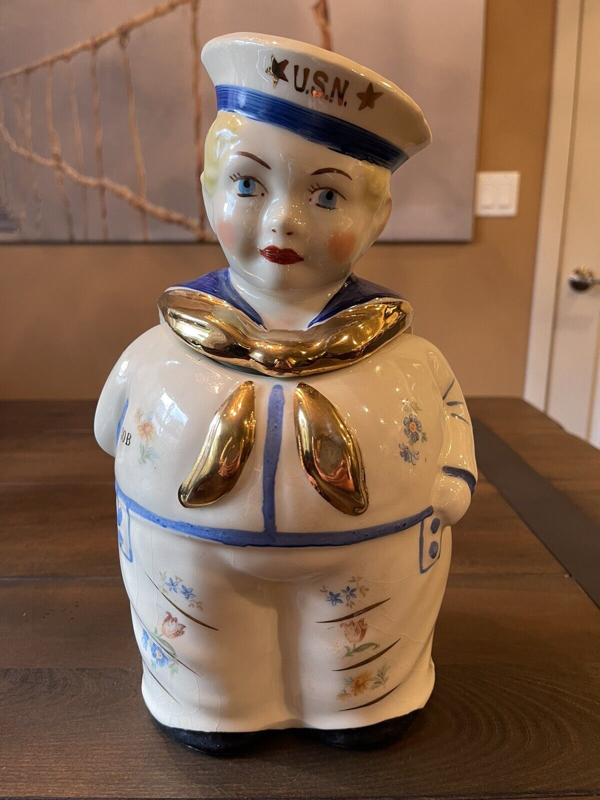 1940'S Shawnee Pottery USN Sailor GOB Cookie Jar Gold Trim Amazing Condition
