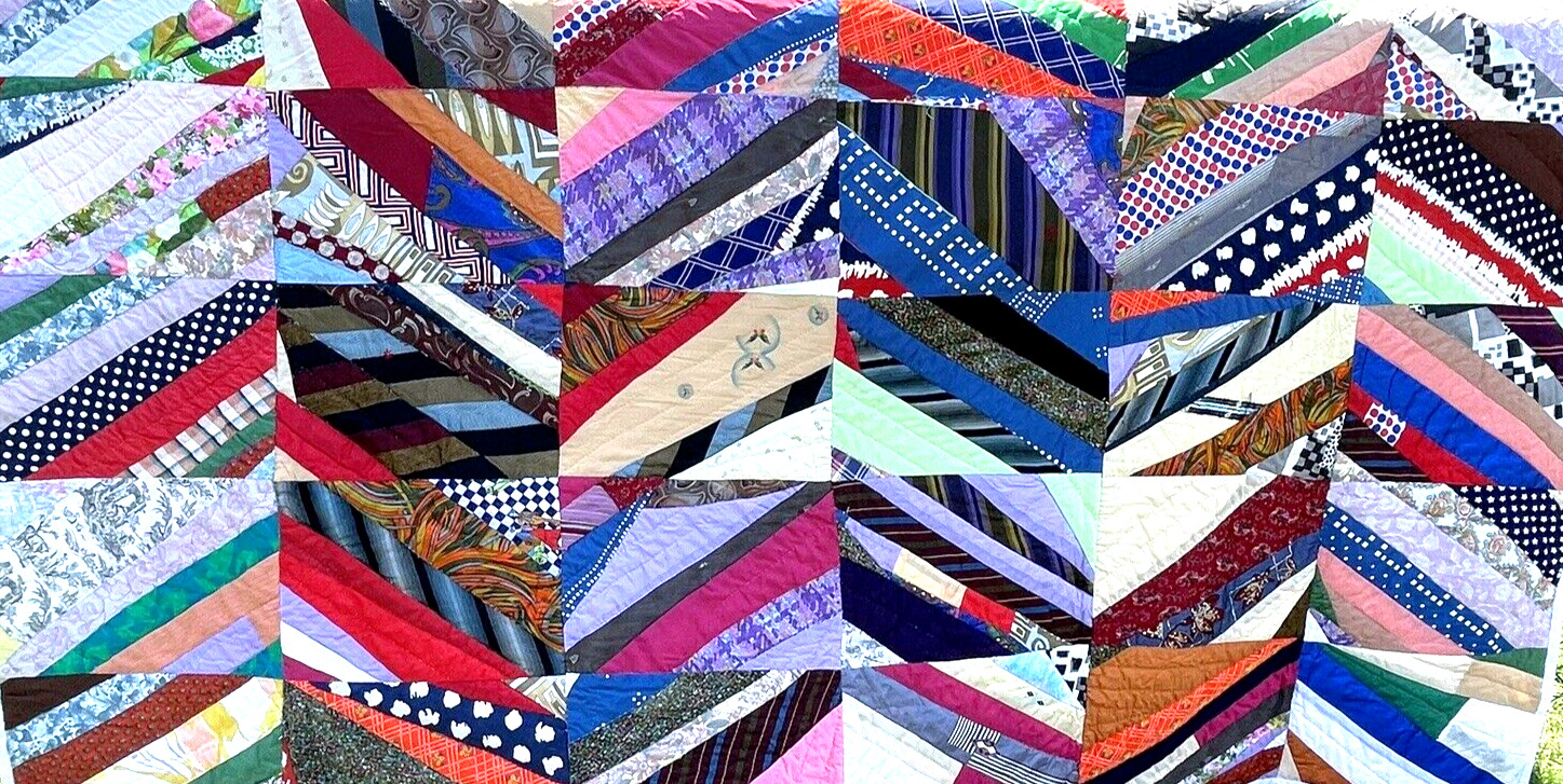 Vintage Crazy Quilt Barkcloth Silk Cotton Print Hand Made Quilted 90 x 33