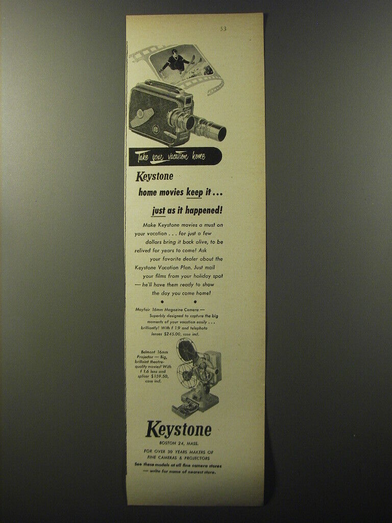 1953 Keystone Advertisement - Mayfair 16mm Magazine Camera, Belmont Projector