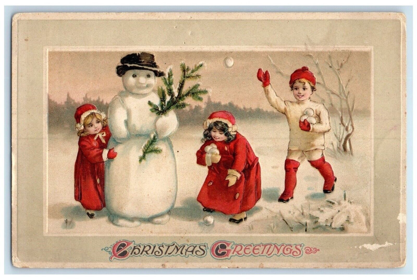 1912 Christmas Greetings Snowman Children Snowball Fighting Embossed Postcard