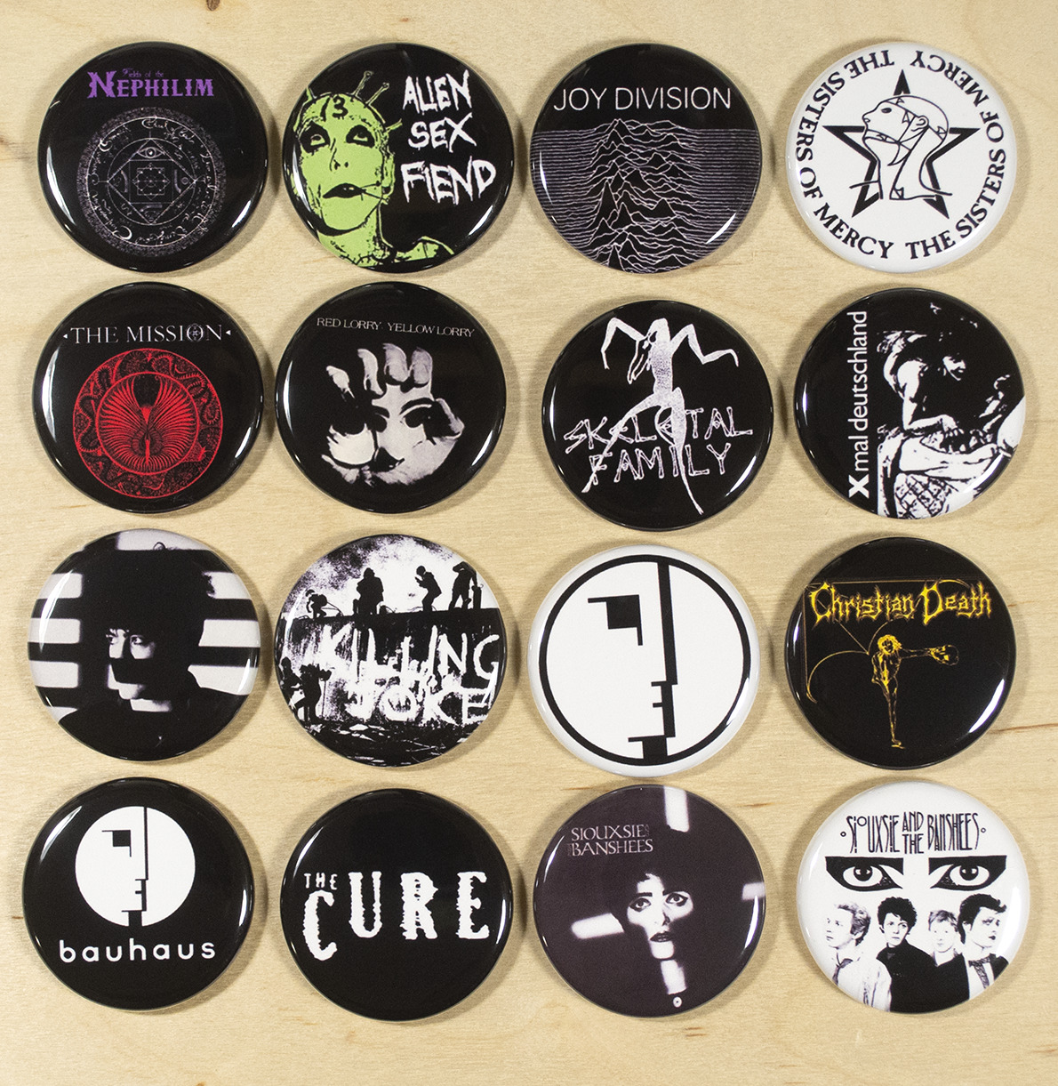 80s Goth bands 1.25 Inch Buttons Set of 16 Pins Badges post punk