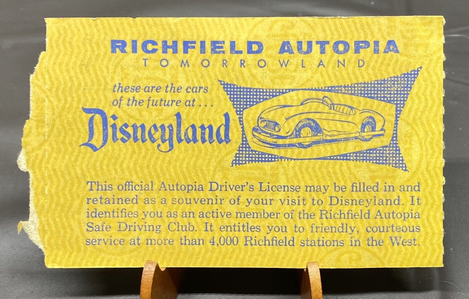 Vintage 1950's Disneyland Richfield Autopia Official Driver's License Card