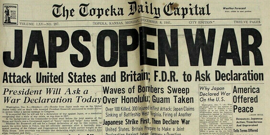 December 8, 1941 Japan Bombing Hawaii Pearl Harbor Topeka Daily Capital Paper